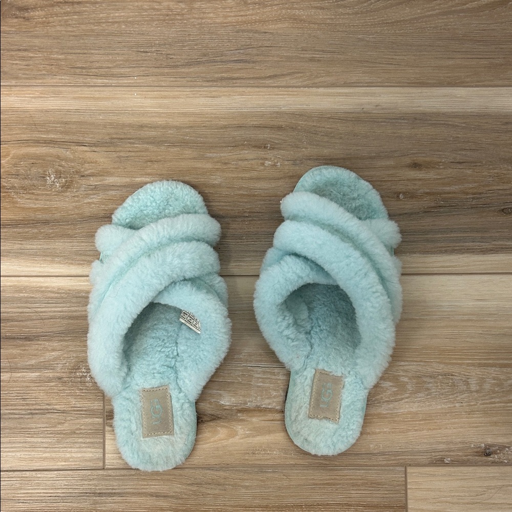 UGG Fluffy Shearling Slippers in Soft Blue